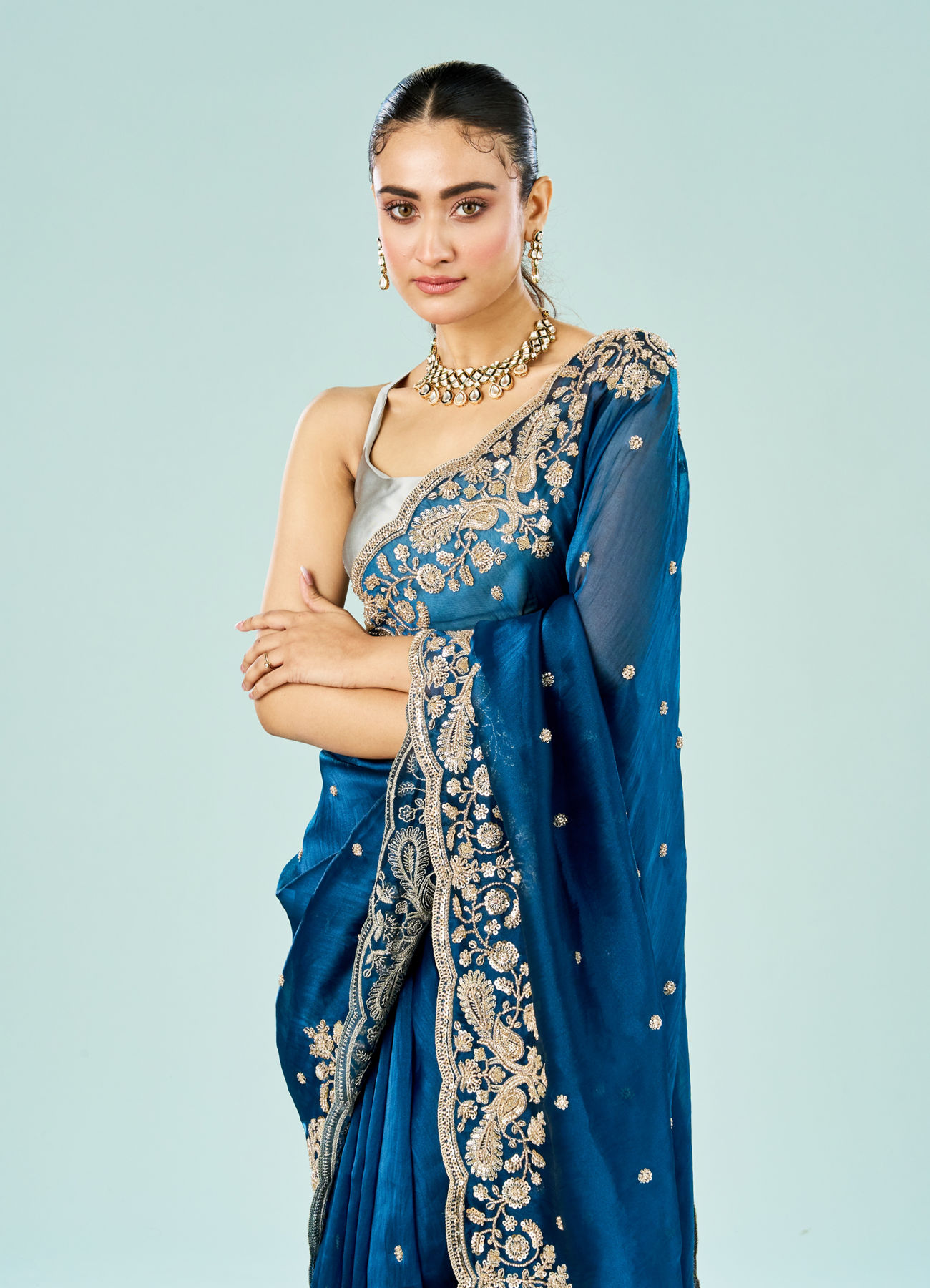 Mohey Women Indigo Starlet Organza Saree