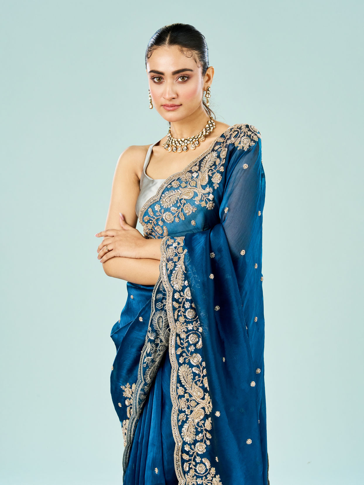 Mohey Women Indigo Starlet Organza Saree