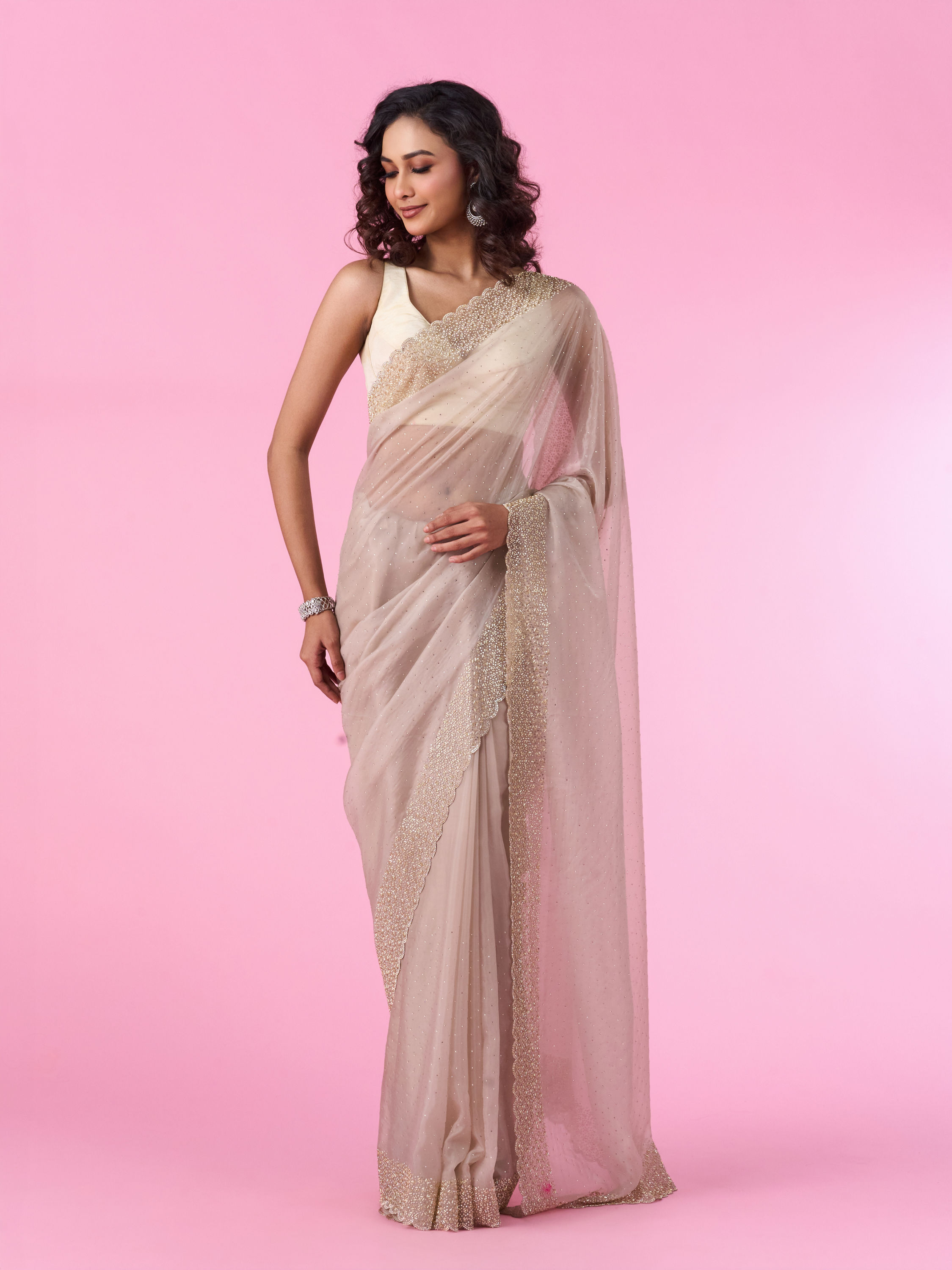 Mohey Women Beige Organza Elegance Saree
