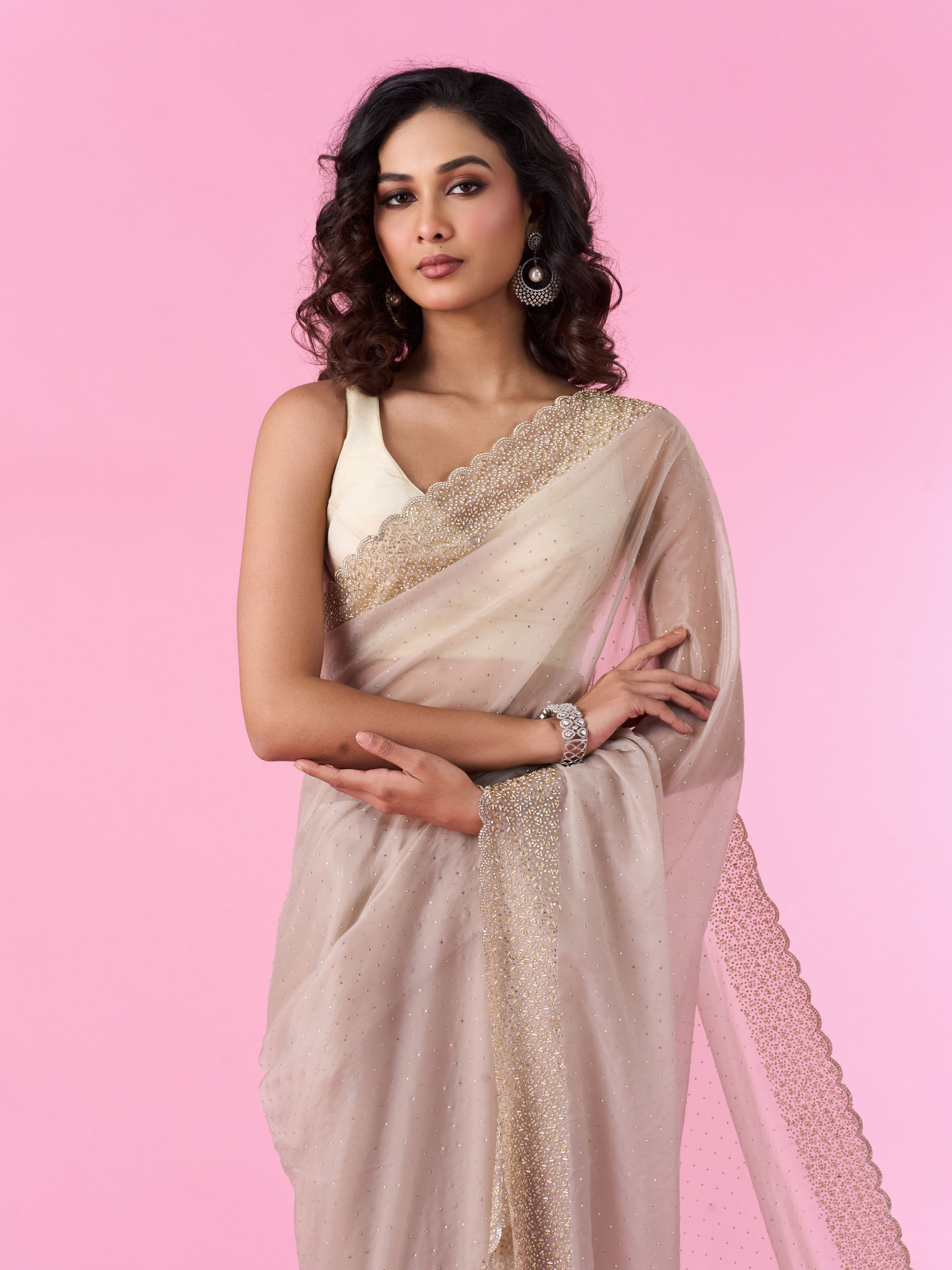 Mohey Women Beige Organza Elegance Saree