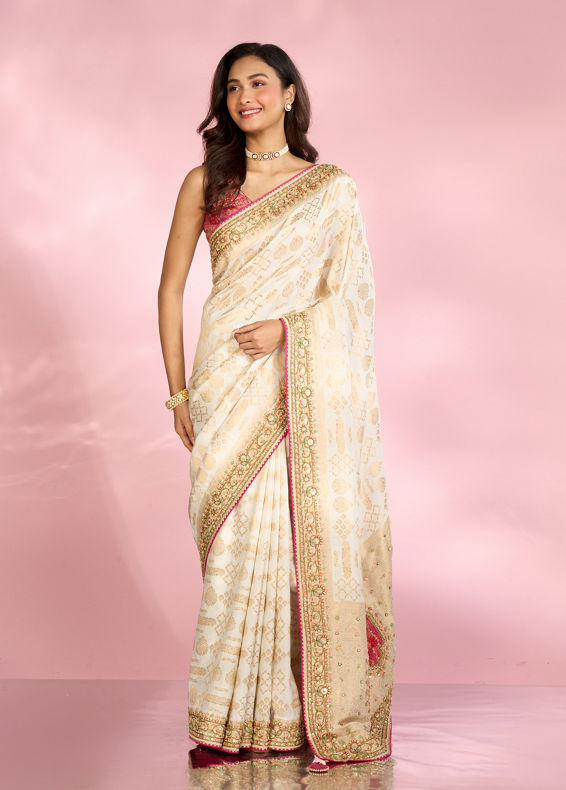 Mohey Women Elegant Cream Radiance Saree