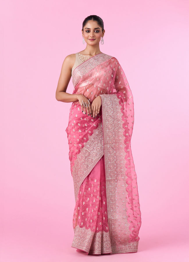 Mohey Women Pink Festival Organza Saree