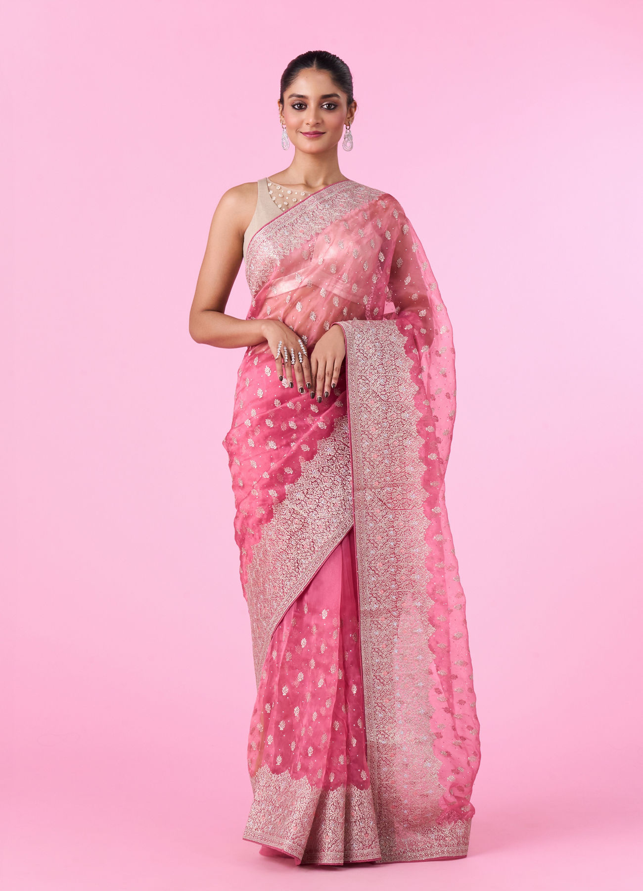 Mohey Women Pink Festival Organza Saree