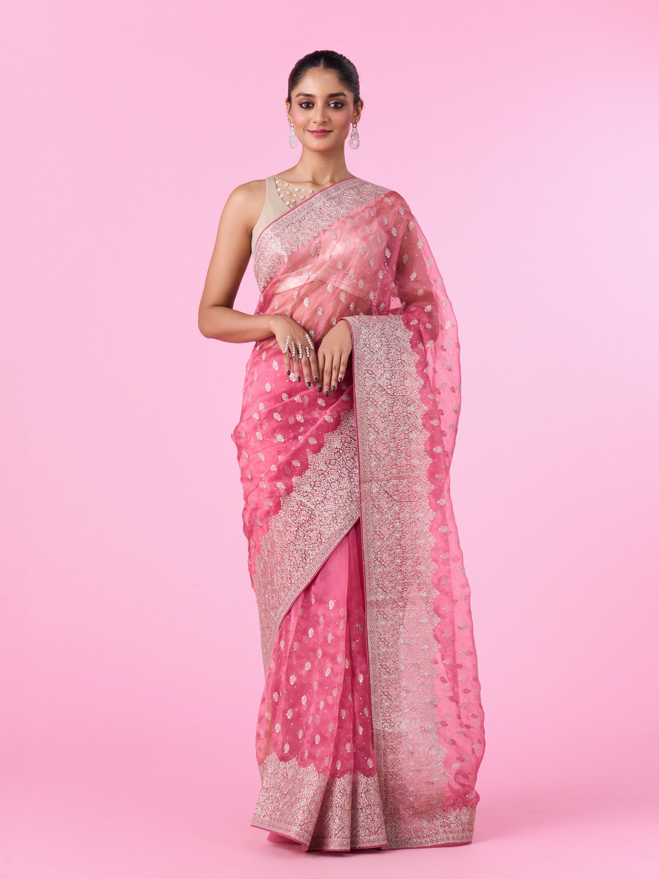 Mohey Women Pink Festival Organza Saree