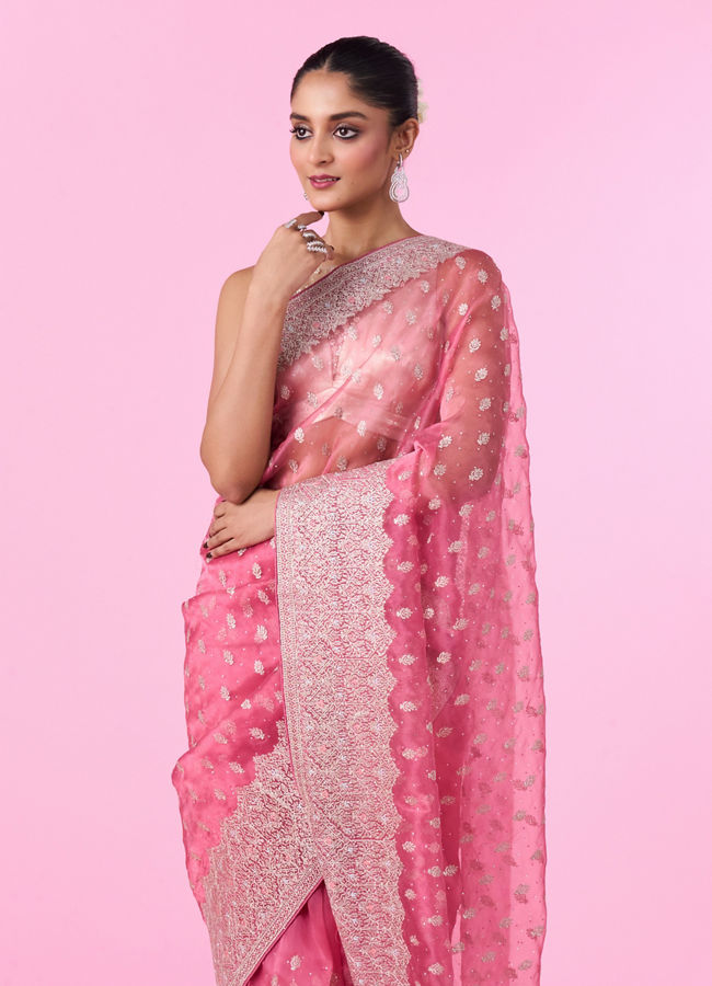 Mohey Women Pink Festival Organza Saree