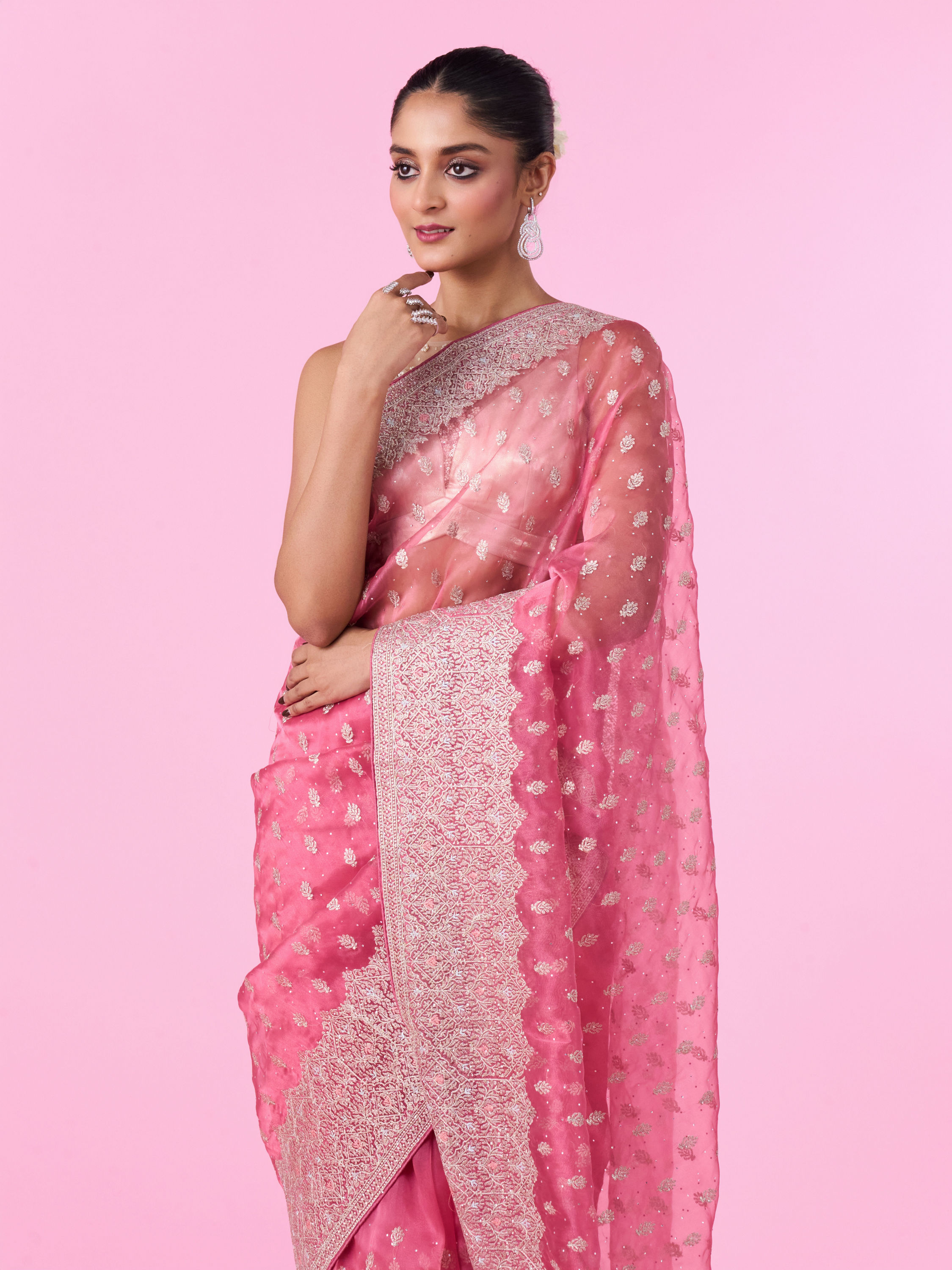 Mohey Women Pink Festival Organza Saree