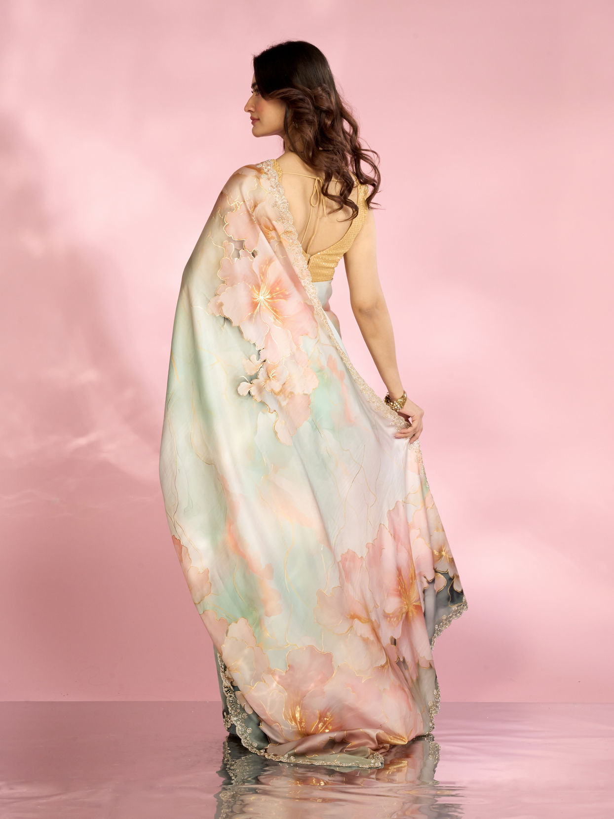 Mohey Women Sea Green Peach Elegance Saree
