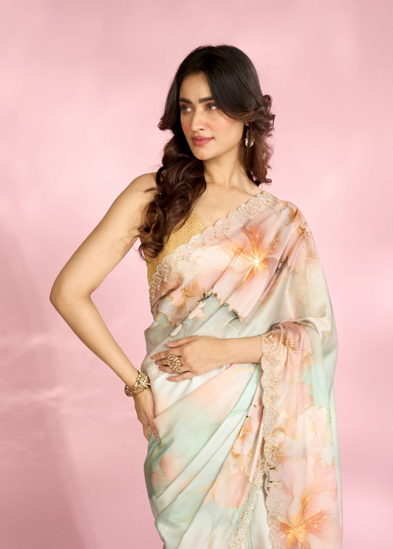 Mohey Women Sea Green Peach Elegance Saree