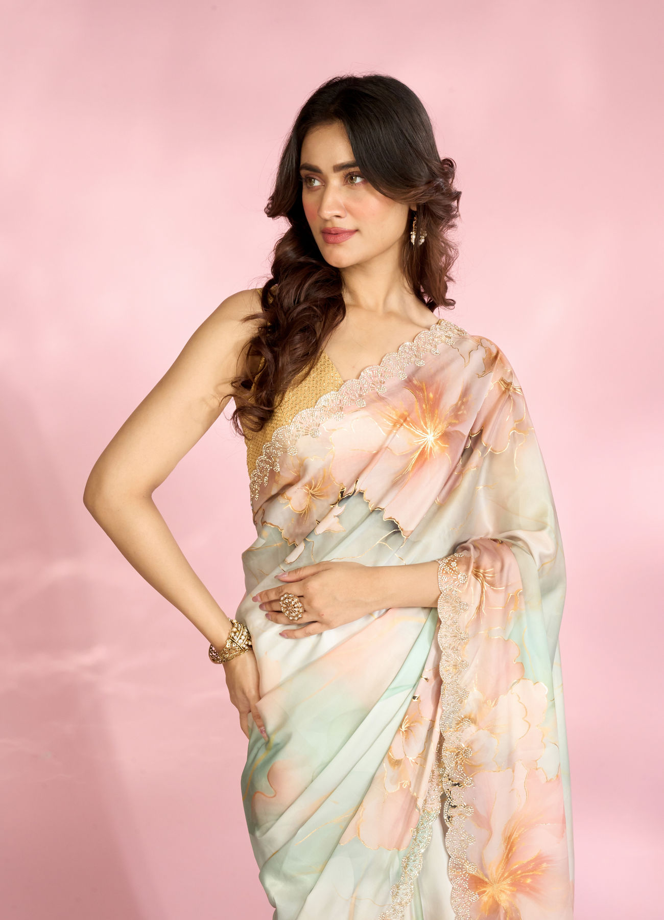 Mohey Women Sea Green Peach Elegance Saree