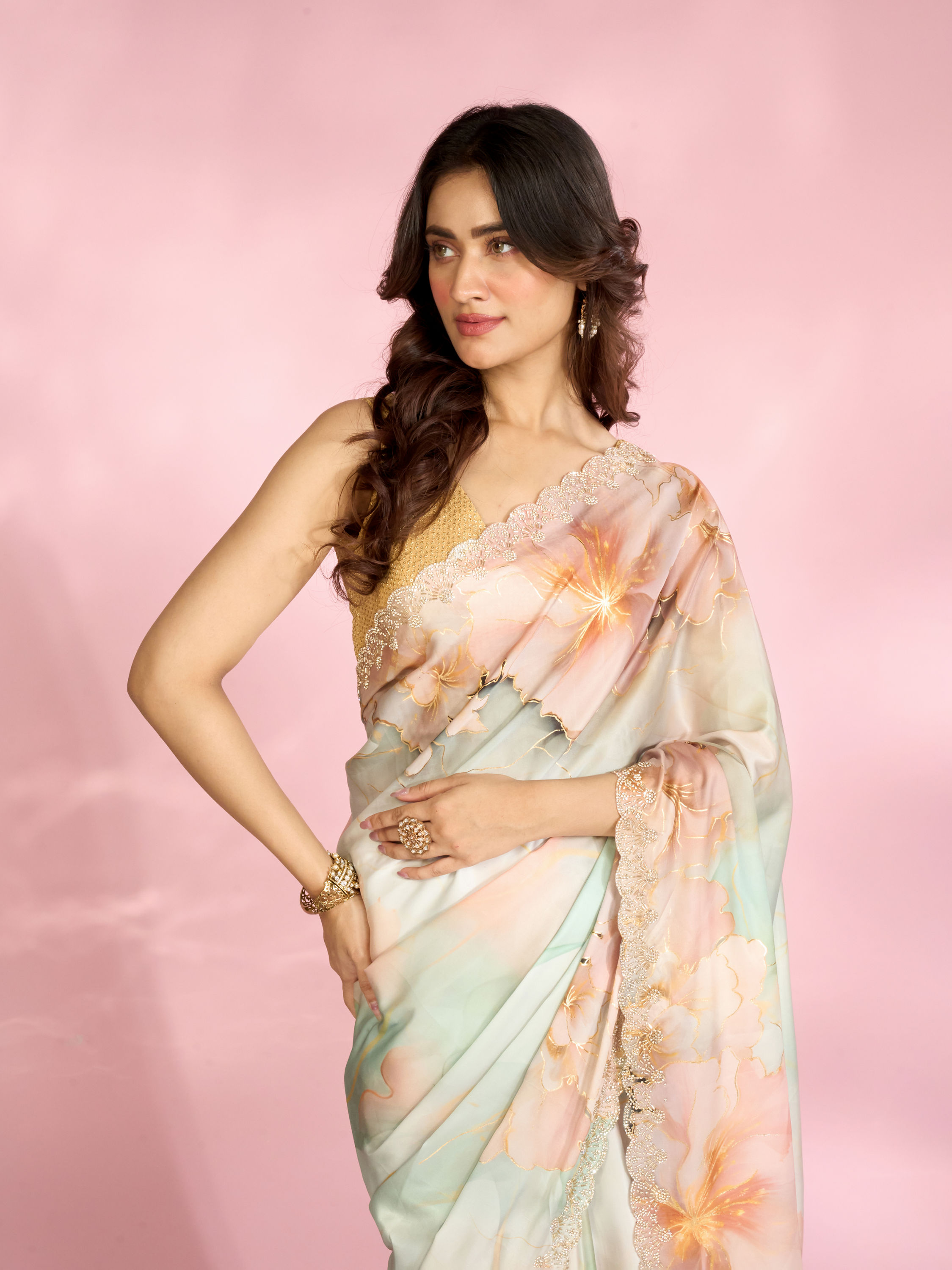 Mohey Women Sea Green Peach Elegance Saree