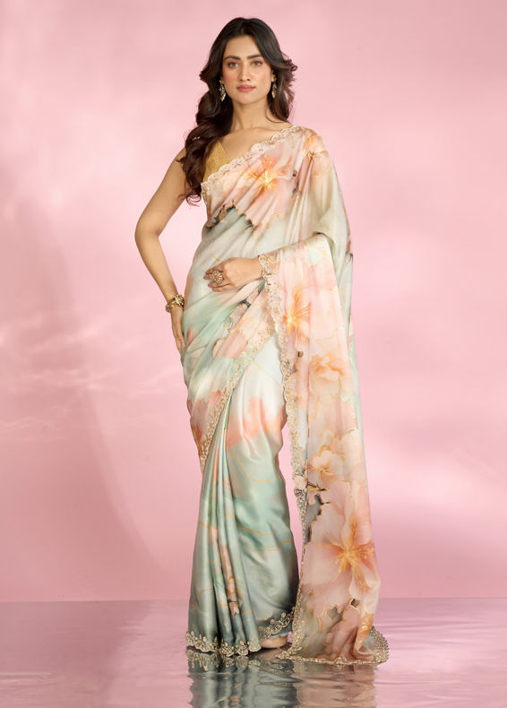 Mohey Women Sea Green Peach Elegance Saree
