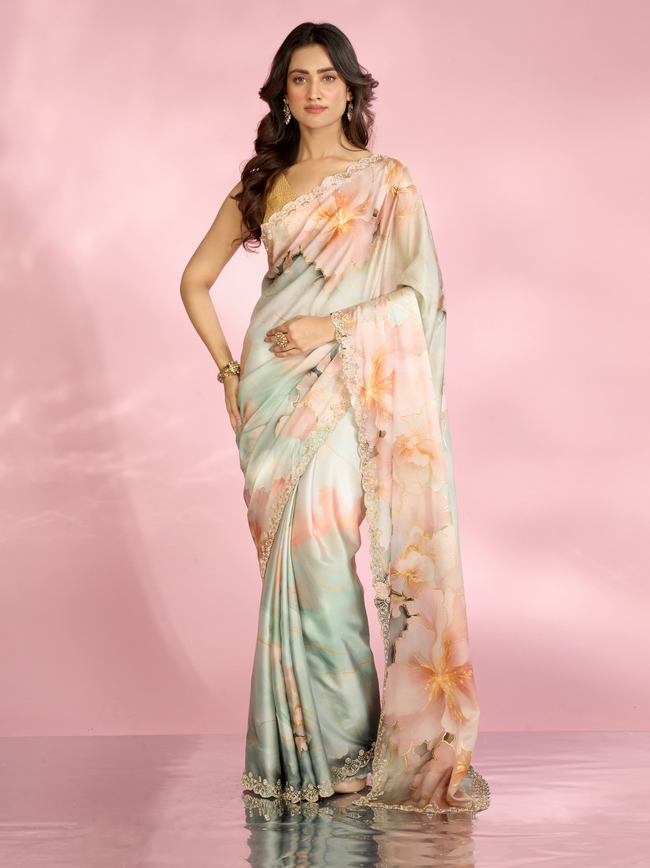Mohey Women Sea Green Peach Elegance Saree