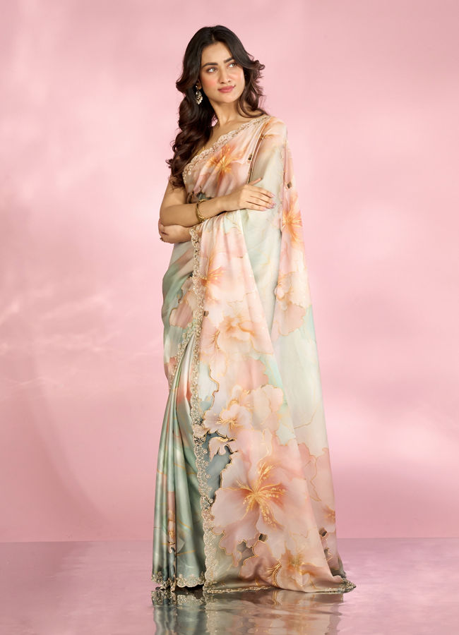 Mohey Women Sea Green Peach Elegance Saree
