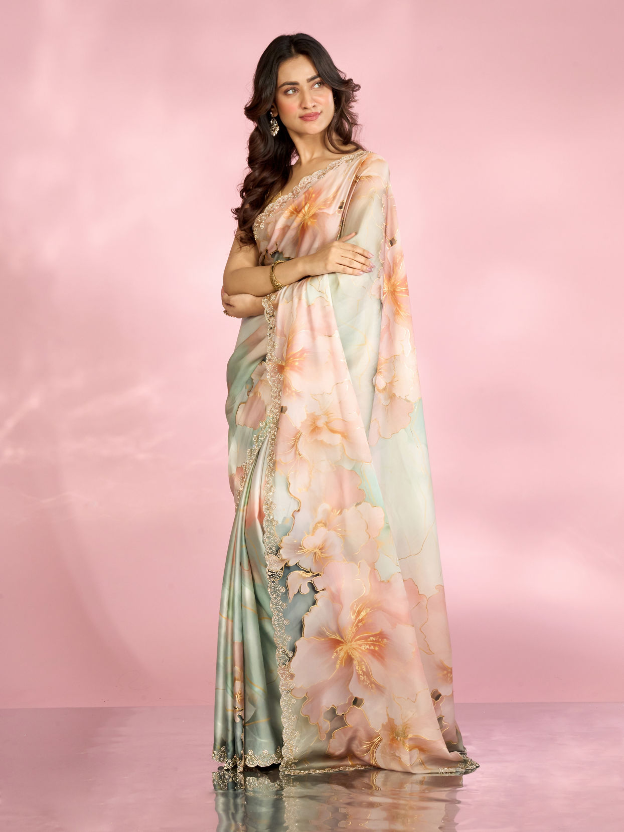 Mohey Women Sea Green Peach Elegance Saree