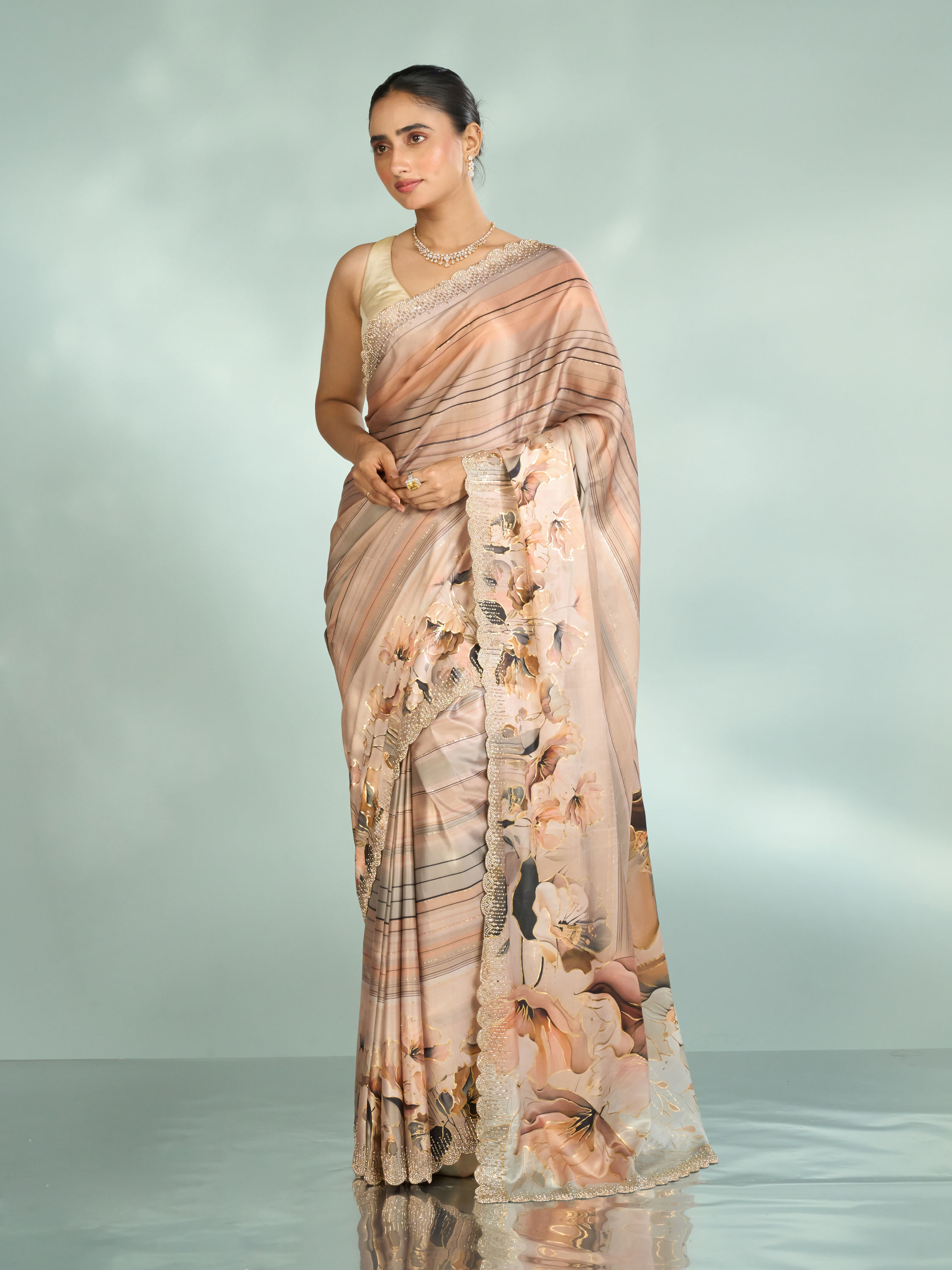 Mohey Women Fawn Beige Satin Saree
