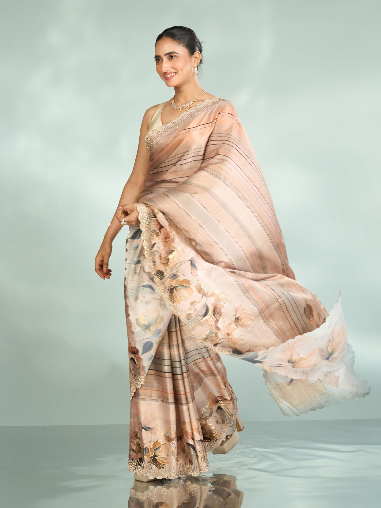 Mohey Women Fawn Beige Satin Saree