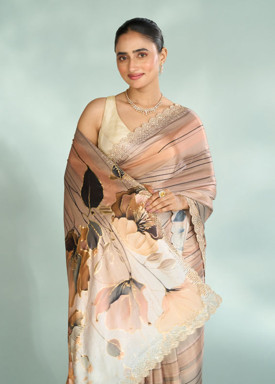 Mohey Women Fawn Beige Satin Saree