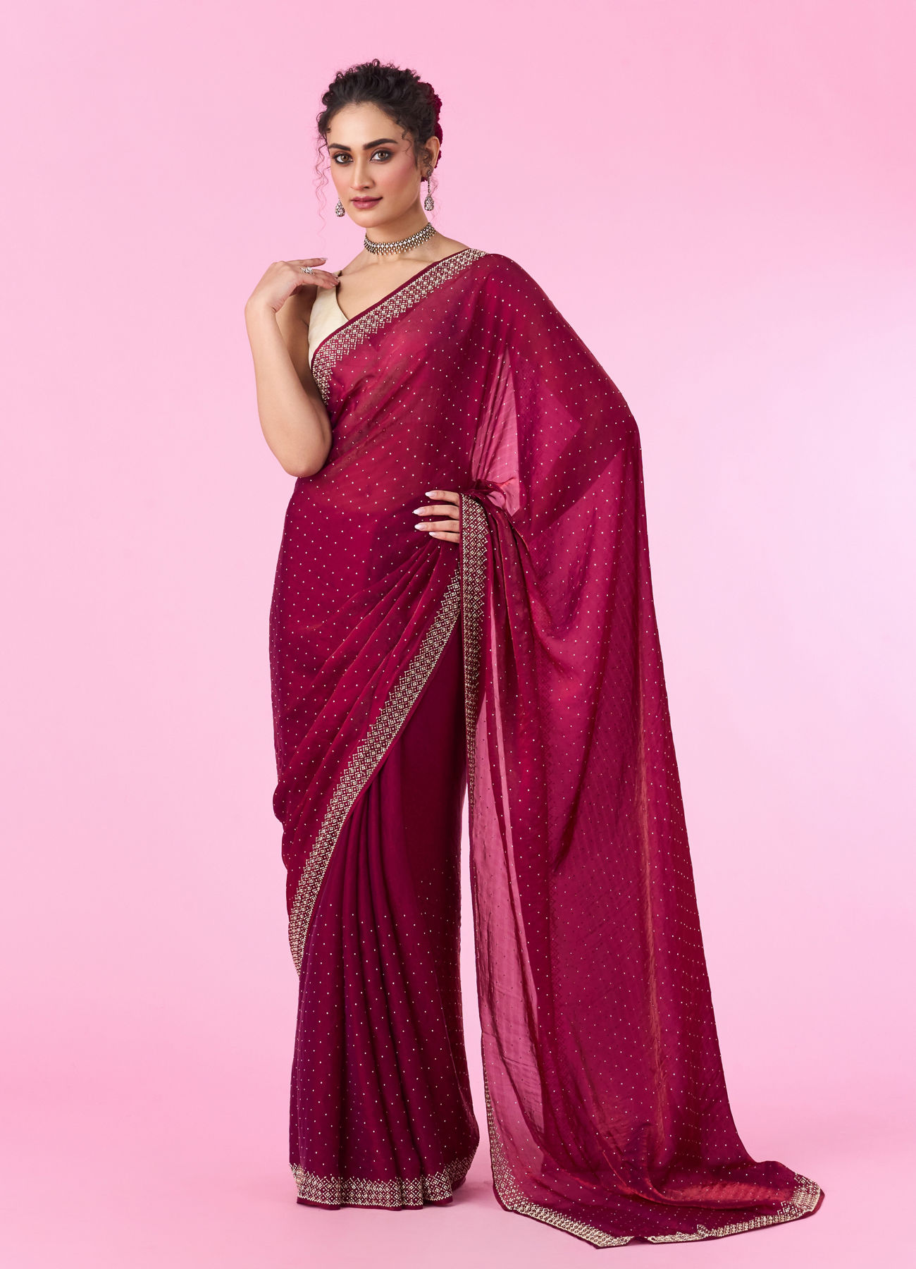 Mohey Women Wine Hued Chinon Elegance Saree