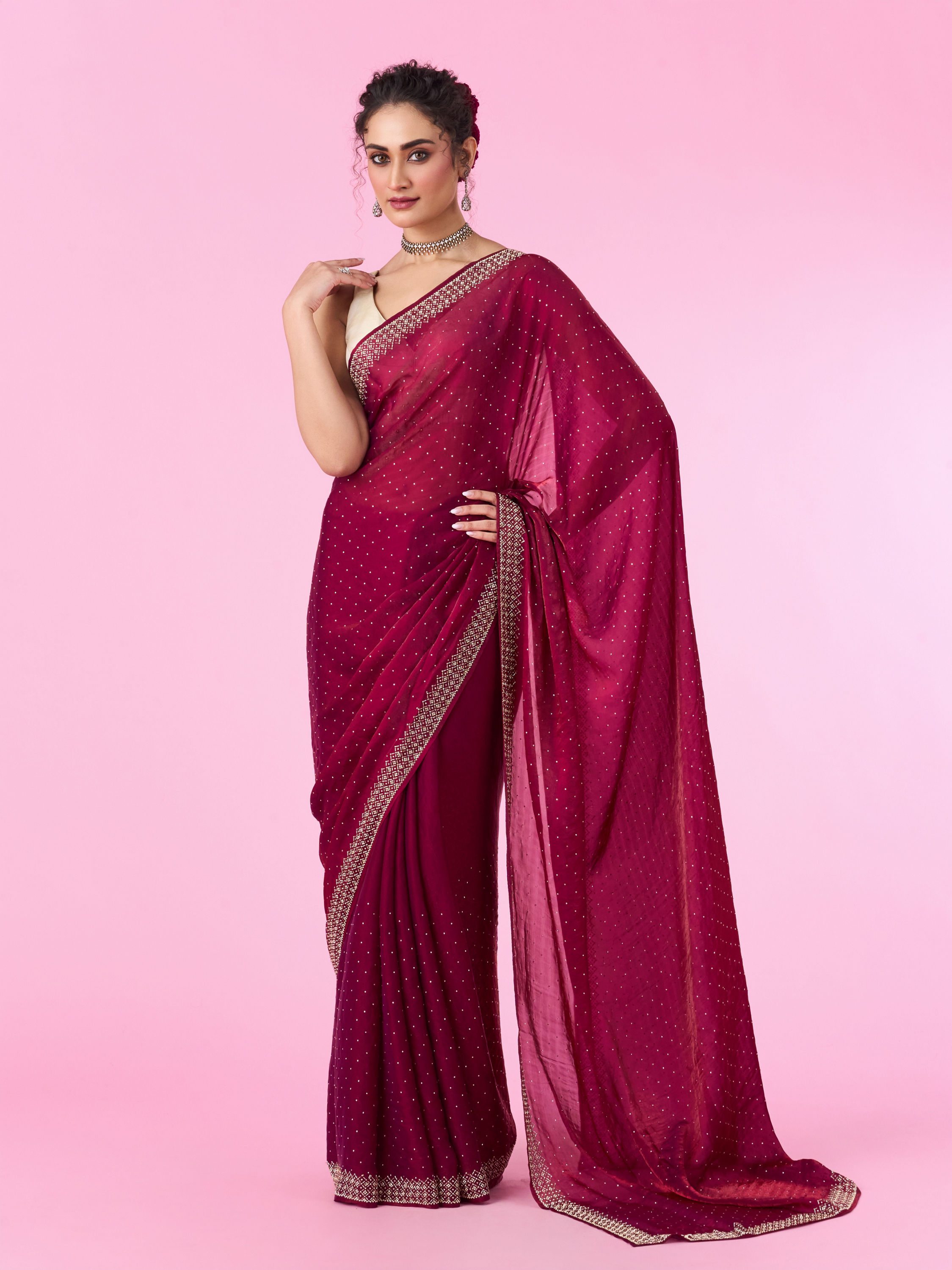 Mohey Women Wine Hued Chinon Elegance Saree