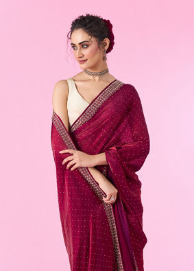 Mohey Women Wine Hued Chinon Elegance Saree