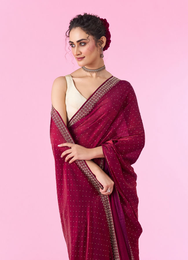 Mohey Women Wine Hued Chinon Elegance Saree
