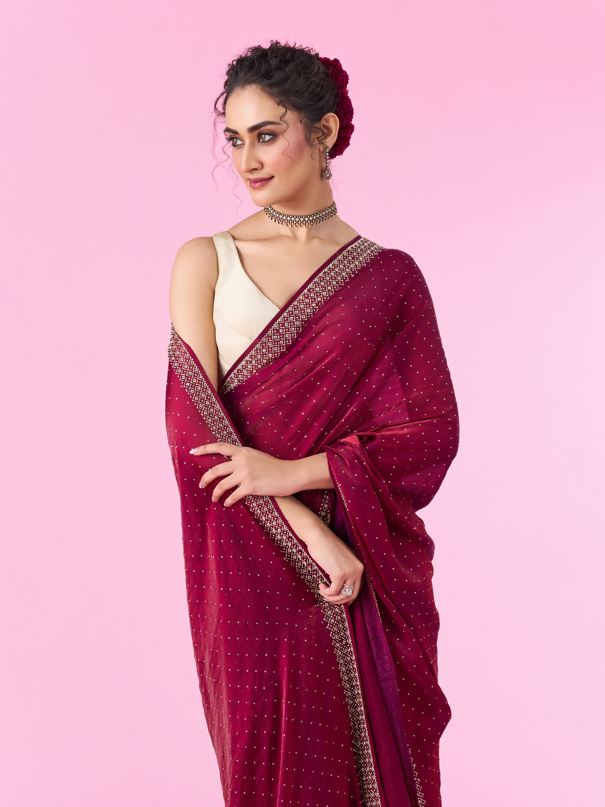 Mohey Women Wine Hued Chinon Elegance Saree