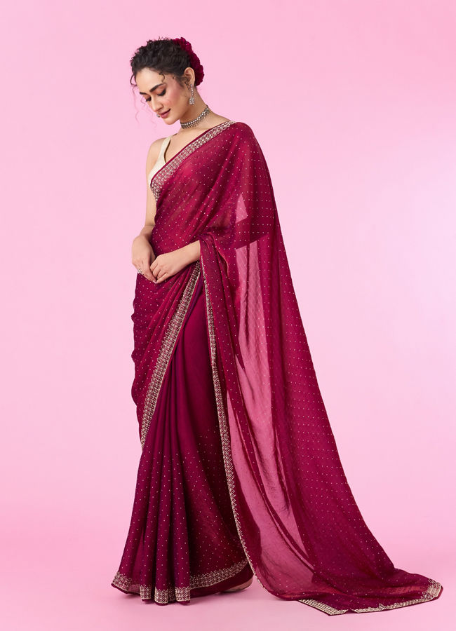 Mohey Women Wine Hued Chinon Elegance Saree