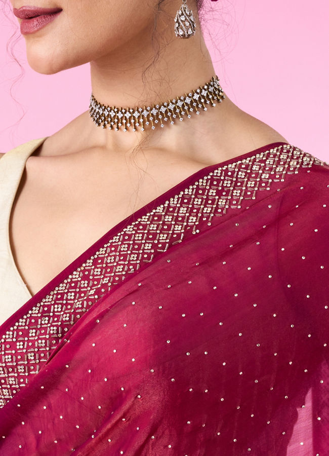 Mohey Women Wine Hued Chinon Elegance Saree