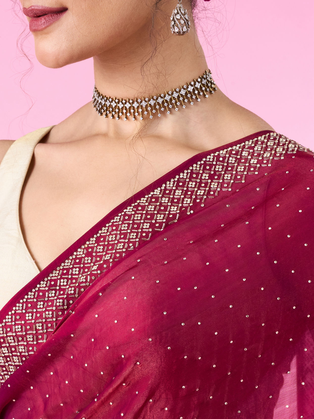 Mohey Women Wine Hued Chinon Elegance Saree