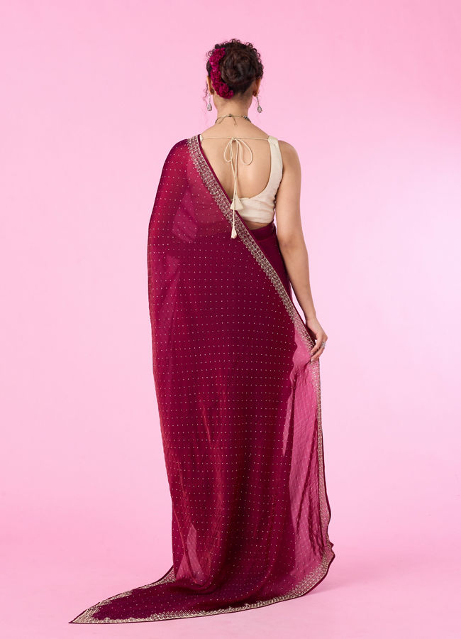 Mohey Women Wine Hued Chinon Elegance Saree