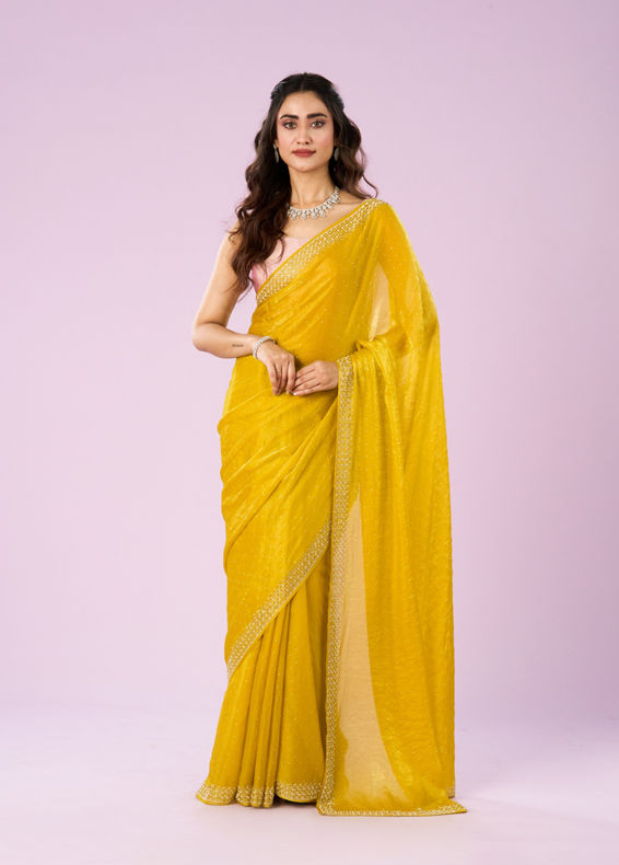 Mohey Women Lustrous Yellow Chinon Saree