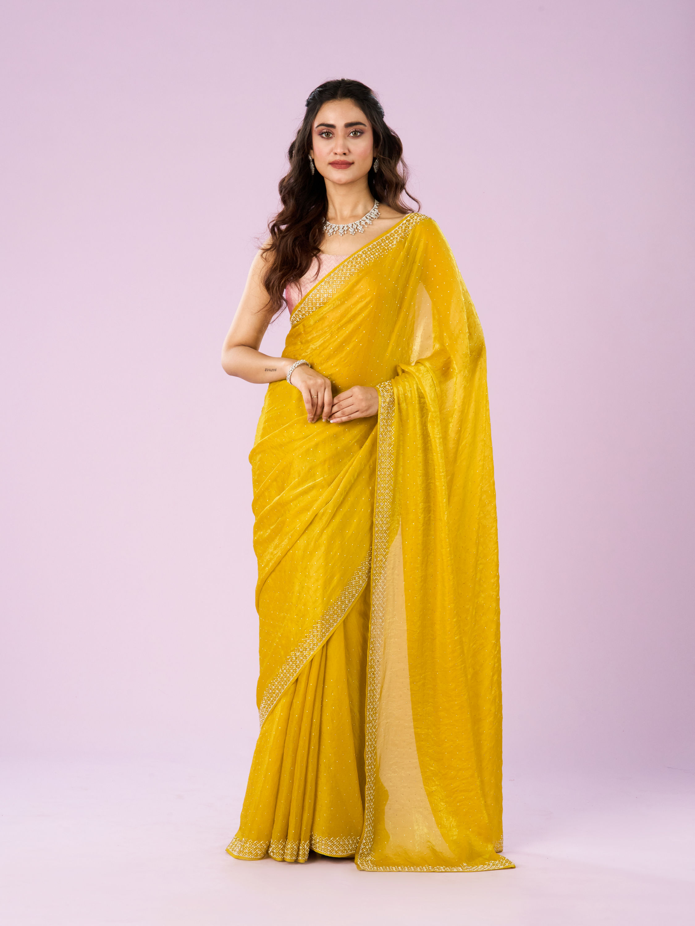 Mohey Women Lustrous Yellow Chinon Saree