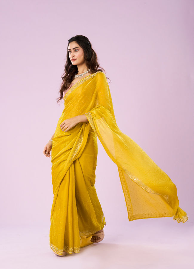 Mohey Women Lustrous Yellow Chinon Saree
