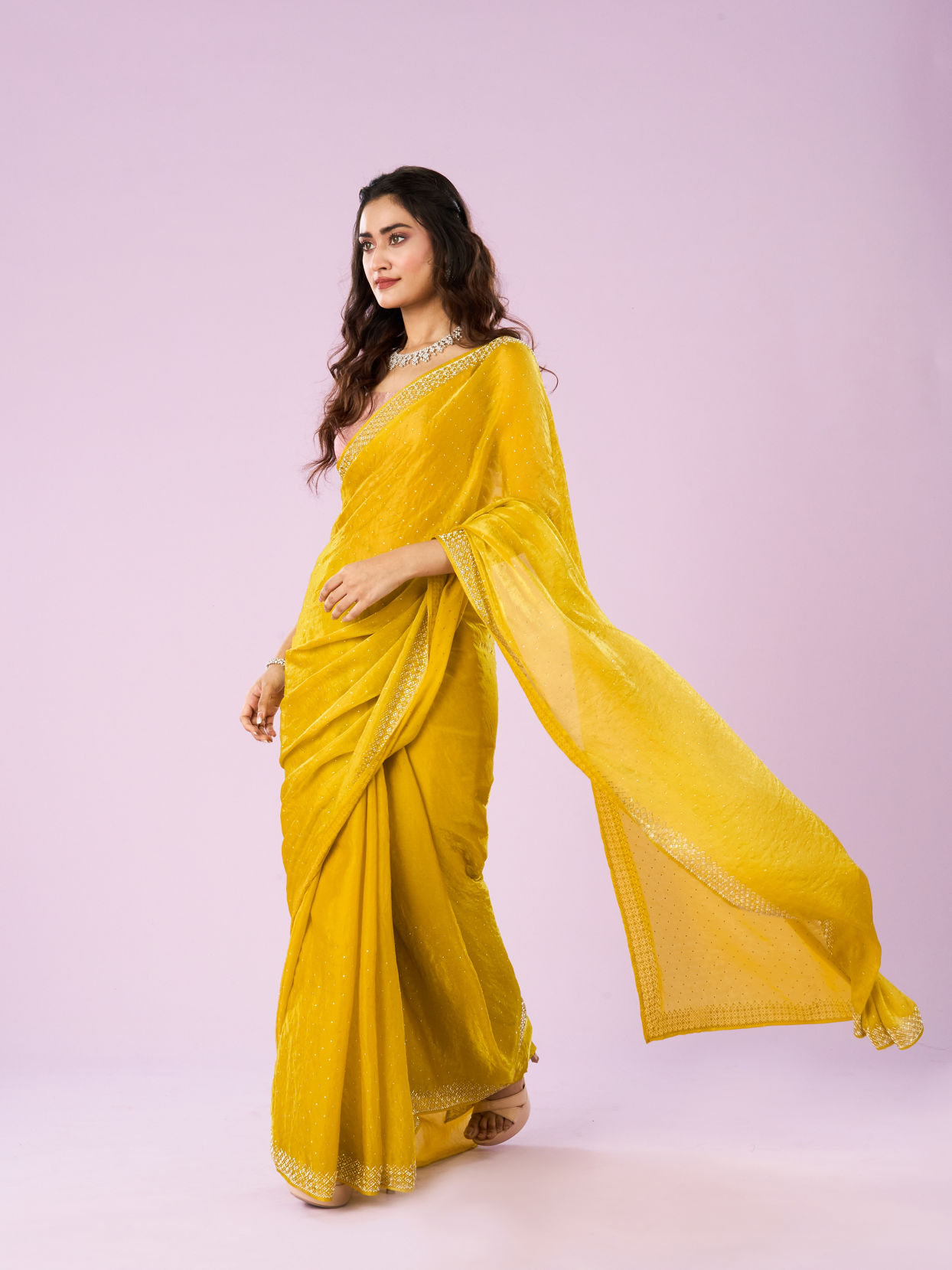 Mohey Women Lustrous Yellow Chinon Saree