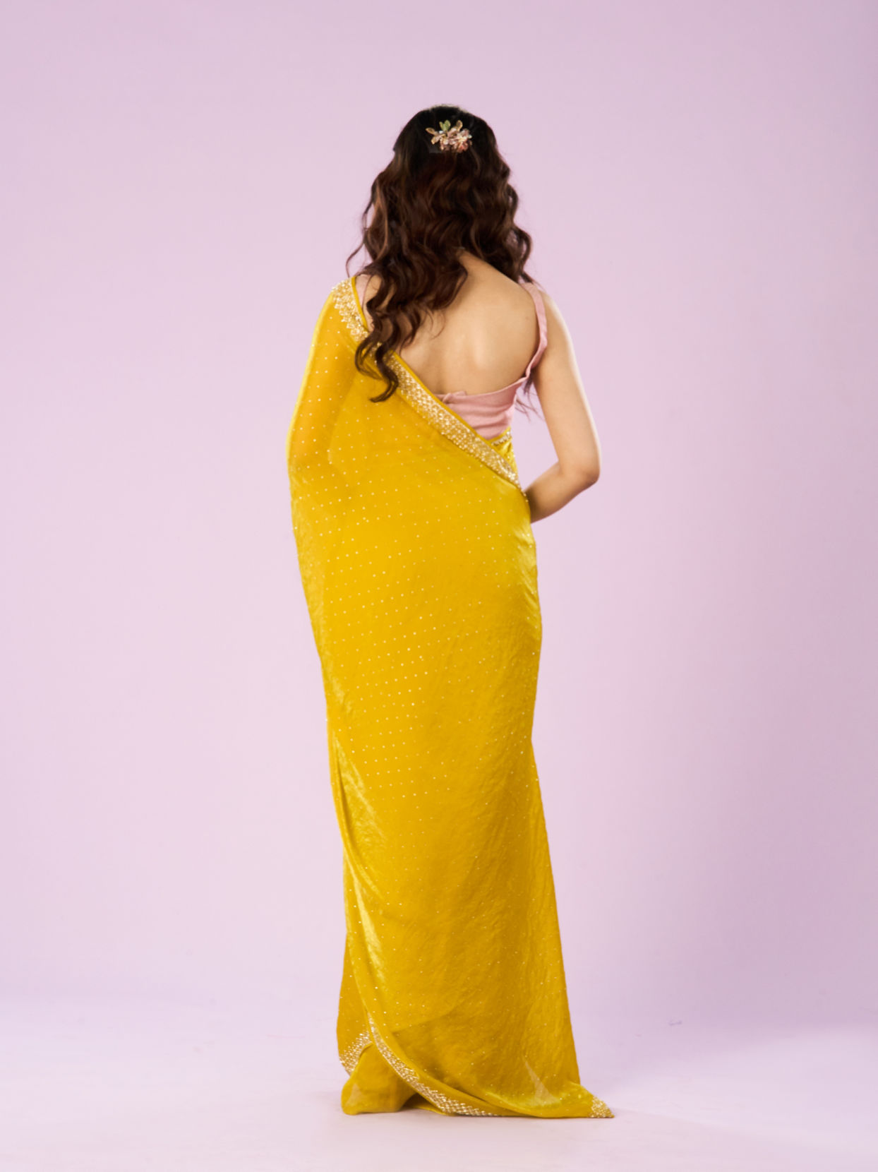 Mohey Women Lustrous Yellow Chinon Saree