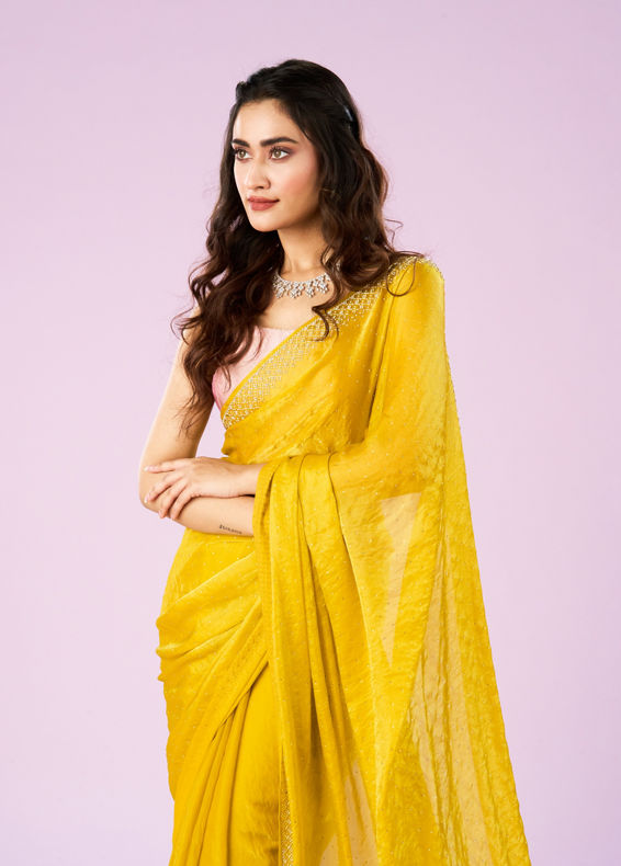 Mohey Women Lustrous Yellow Chinon Saree