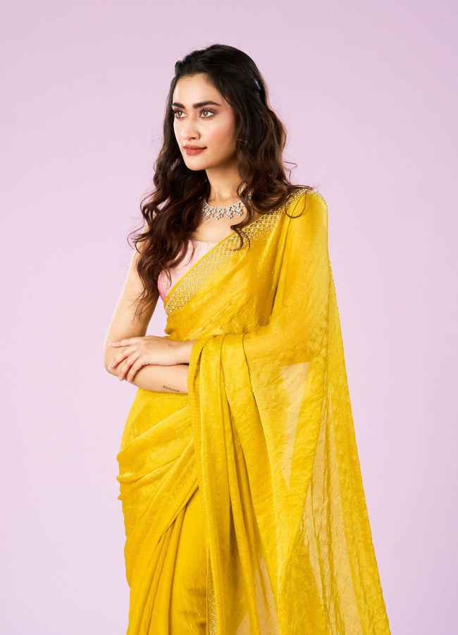 Mohey Women Lustrous Yellow Chinon Saree