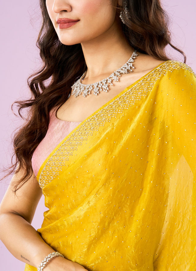 Mohey Women Lustrous Yellow Chinon Saree