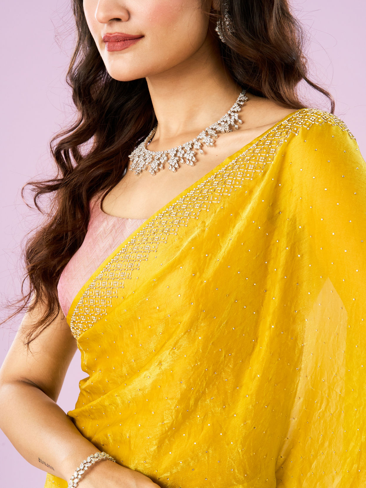 Mohey Women Lustrous Yellow Chinon Saree