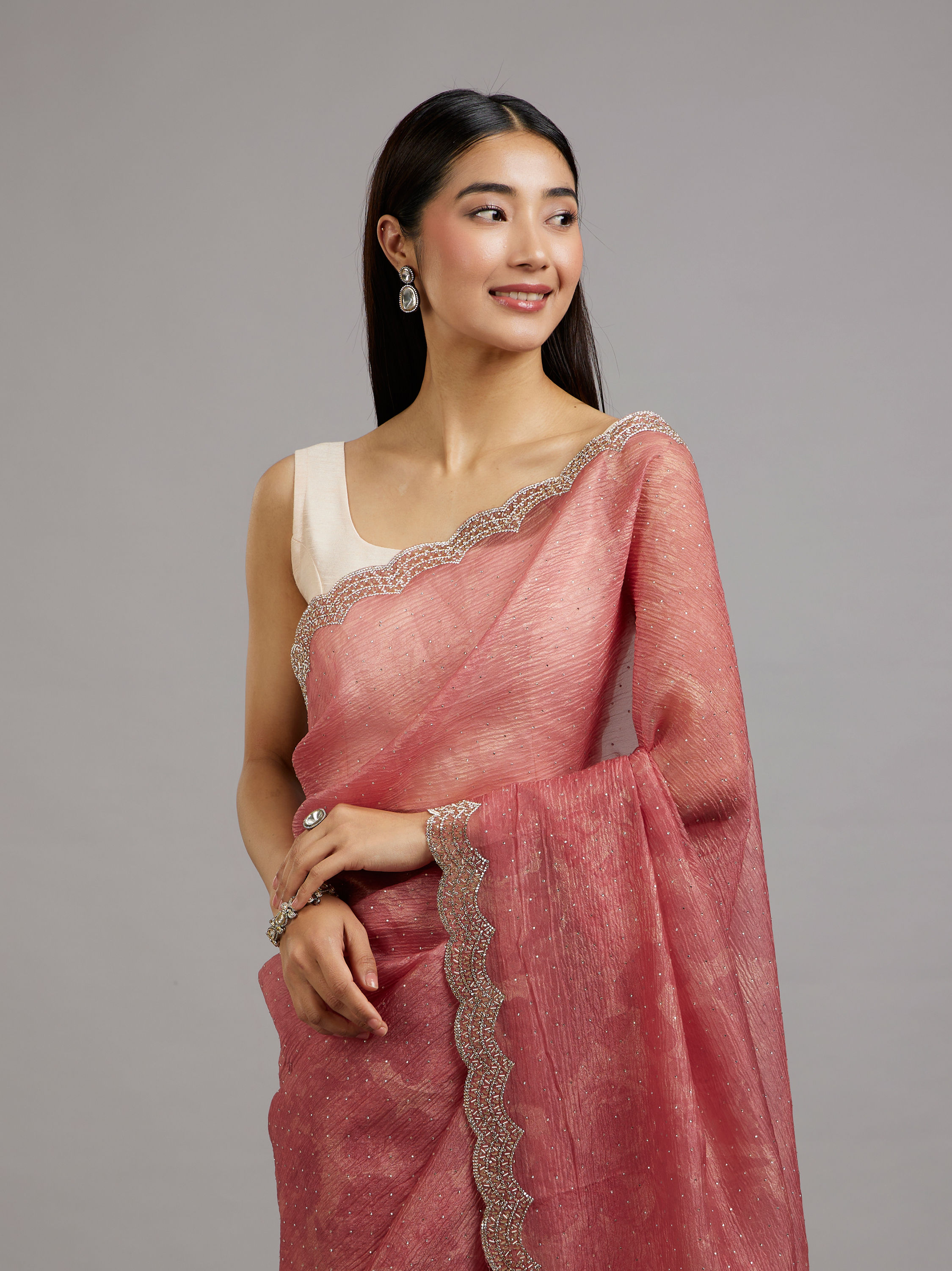 Mohey Women Gajree Pink Tissue Saree