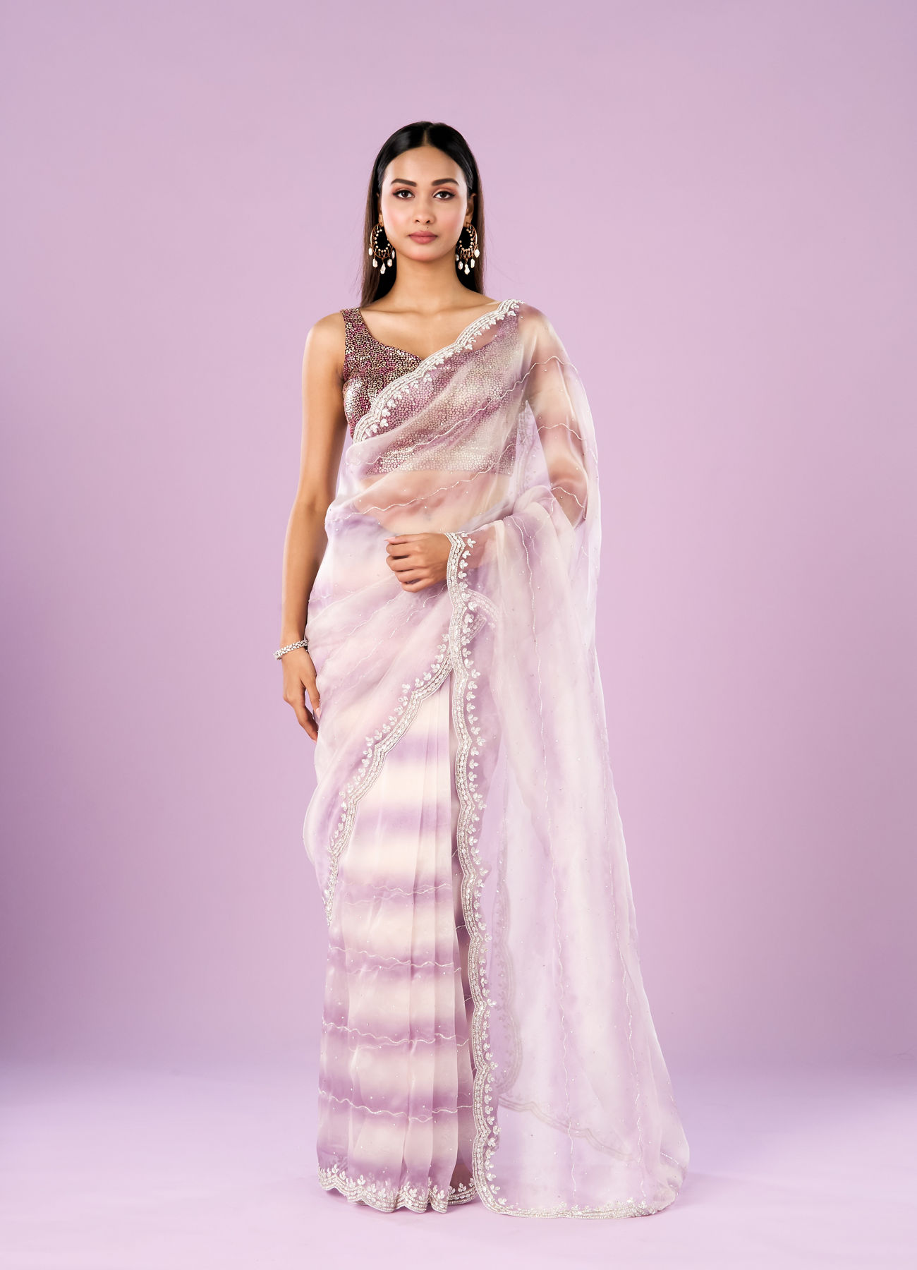 Mohey Women Elegant Purple Organza Saree