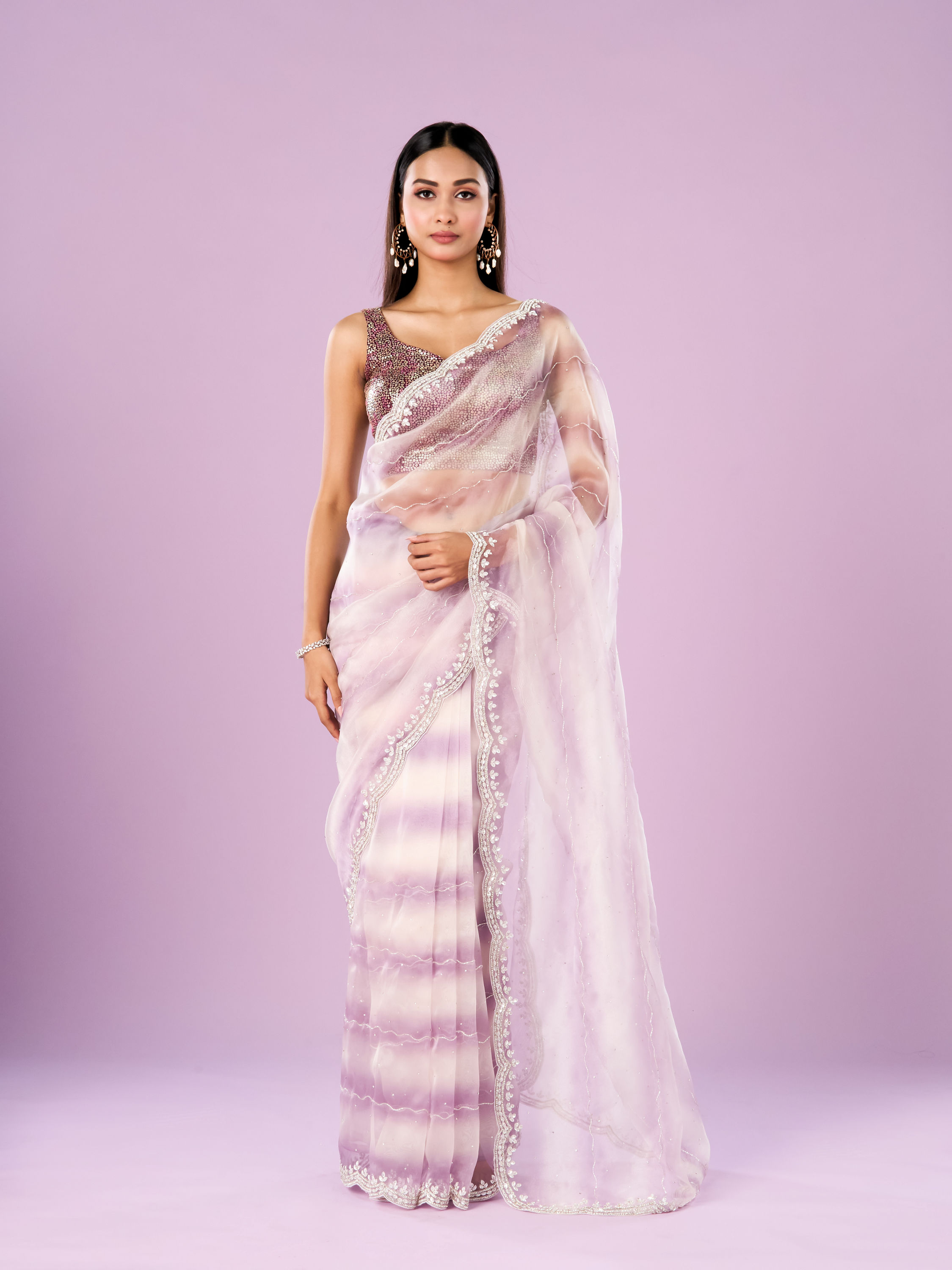 Mohey Women Elegant Purple Organza Saree