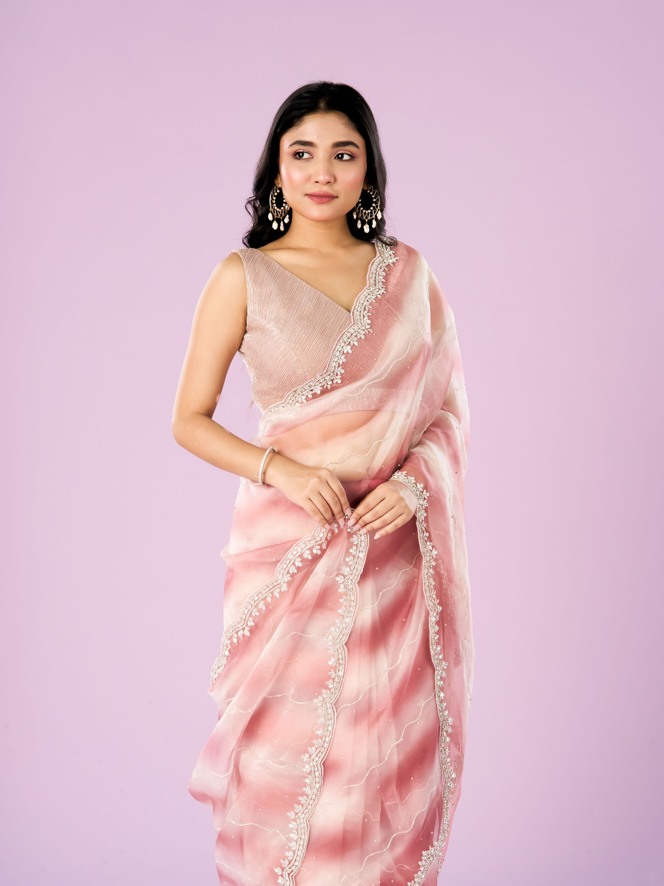 Mohey Women Dusty Pink Charm Organza Saree