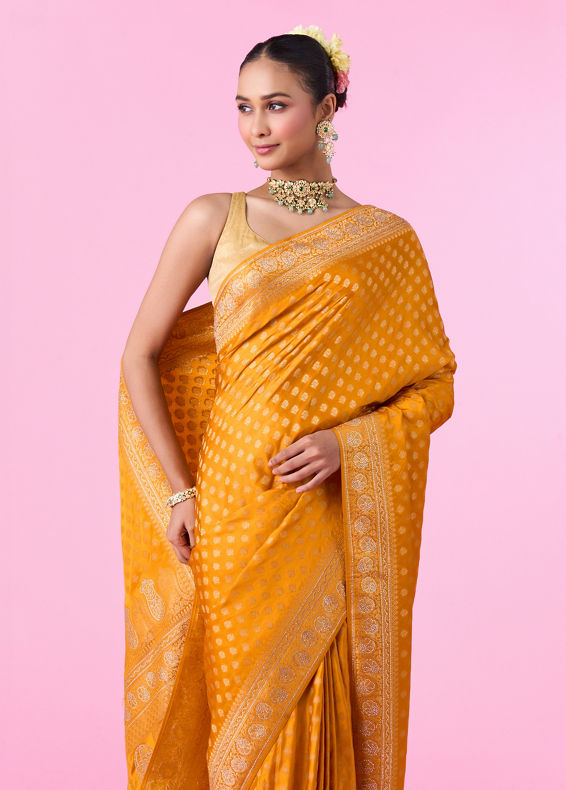 Mohey Women Radiant Mustard Yellow Banarasi Saree
