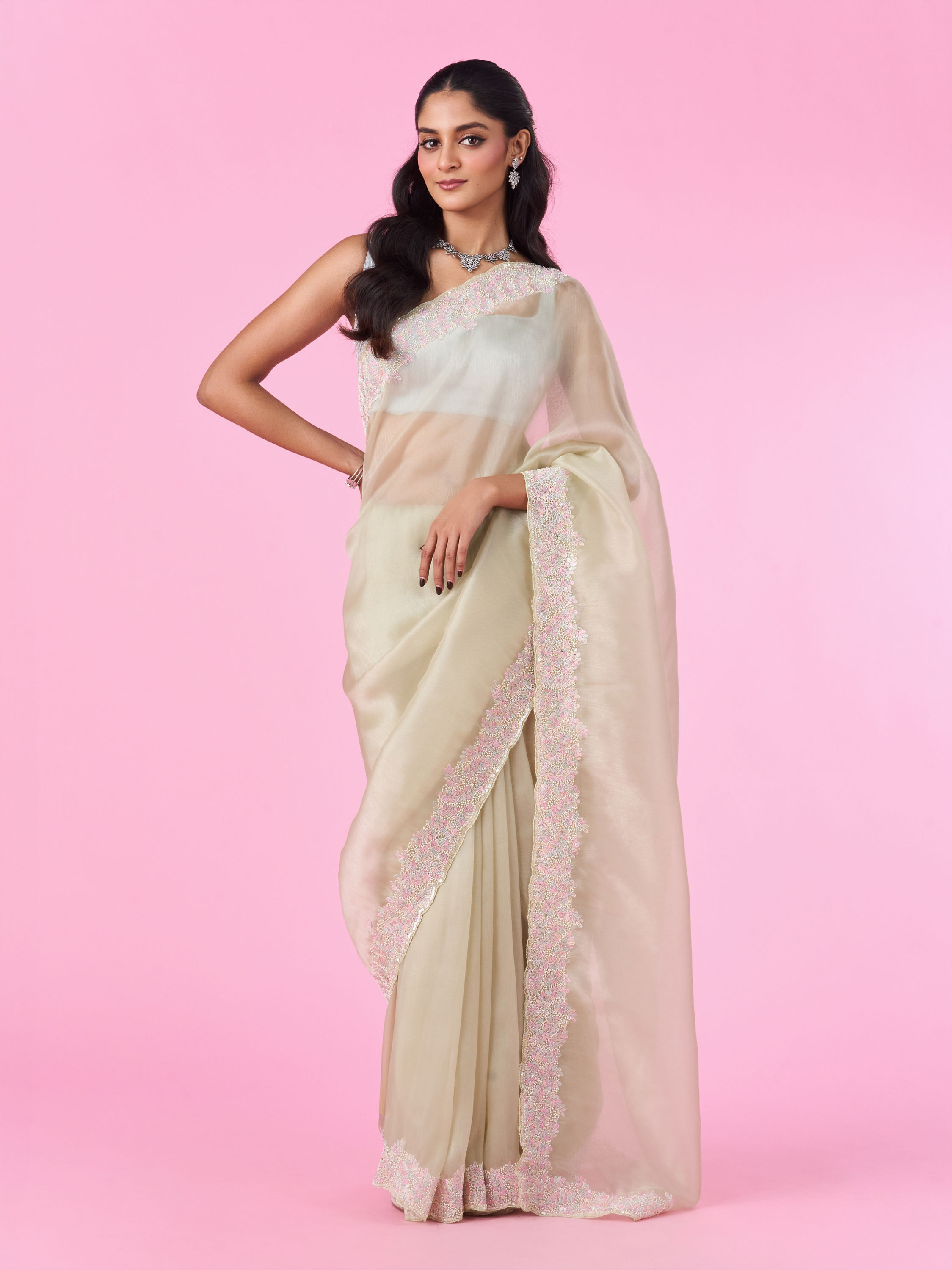 Mohey Women Ethereal Green Organza Saree