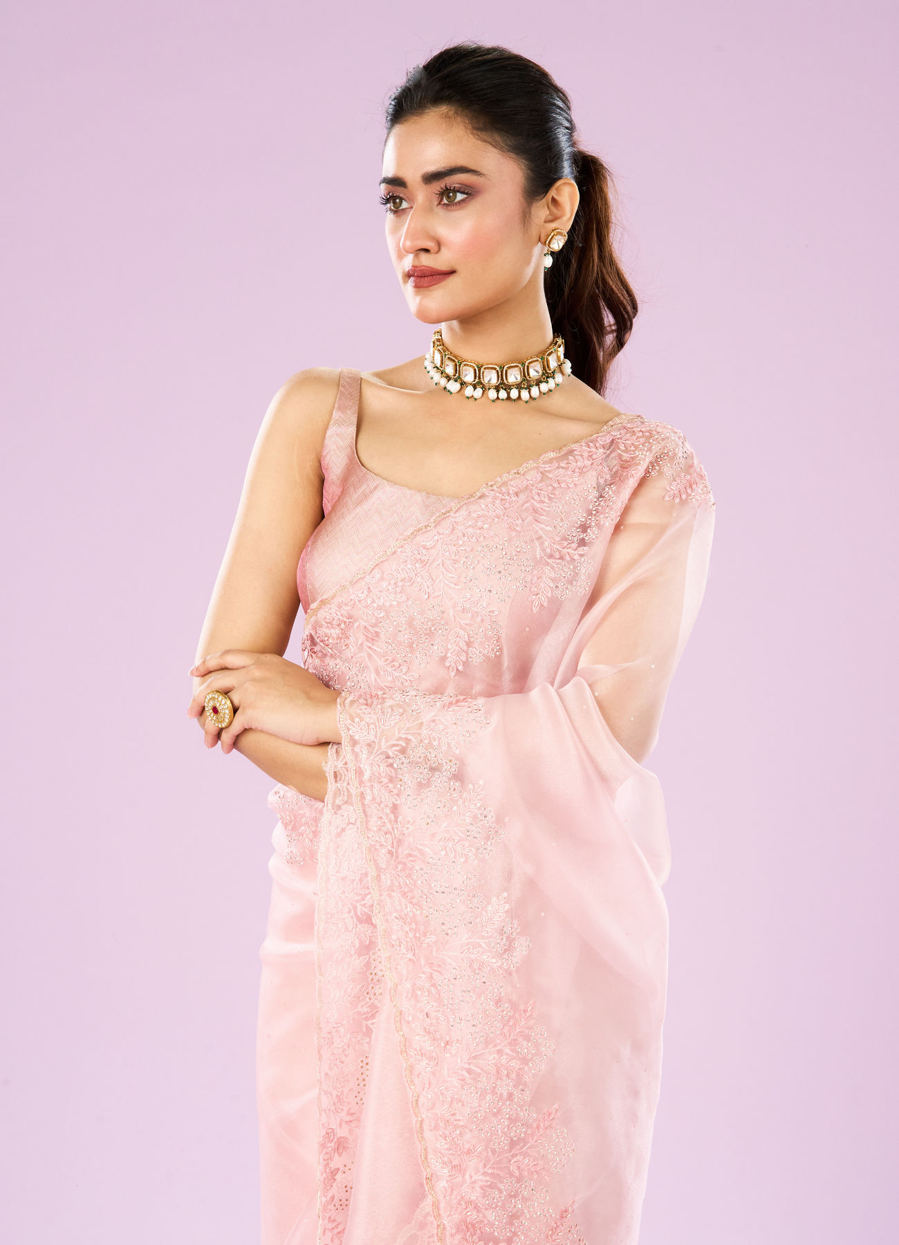 Mohey Women Transcendent Pink Organza Saree