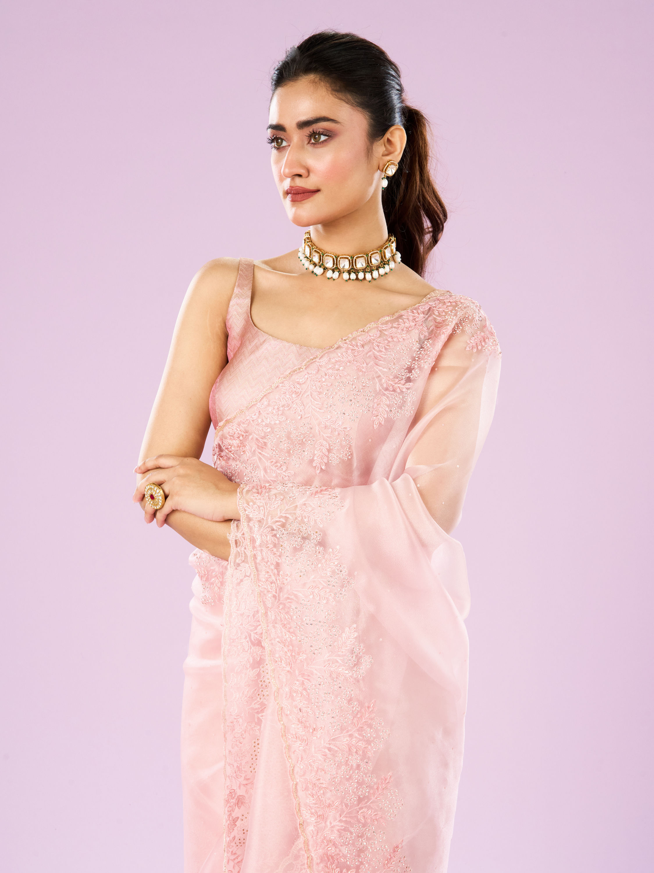 Mohey Women Transcendent Pink Organza Saree