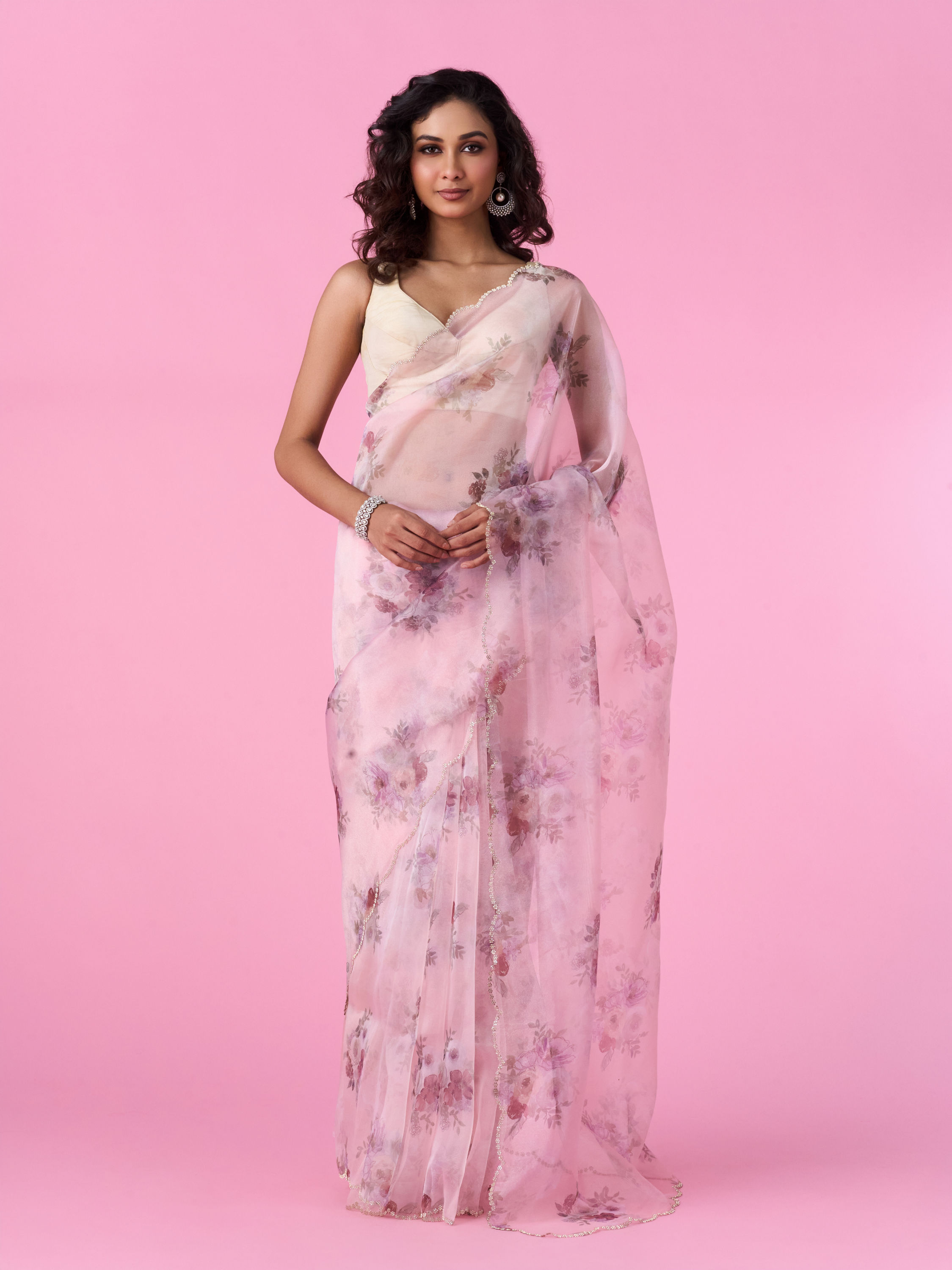 Mohey Women Organza Enchantment Light Pink Saree