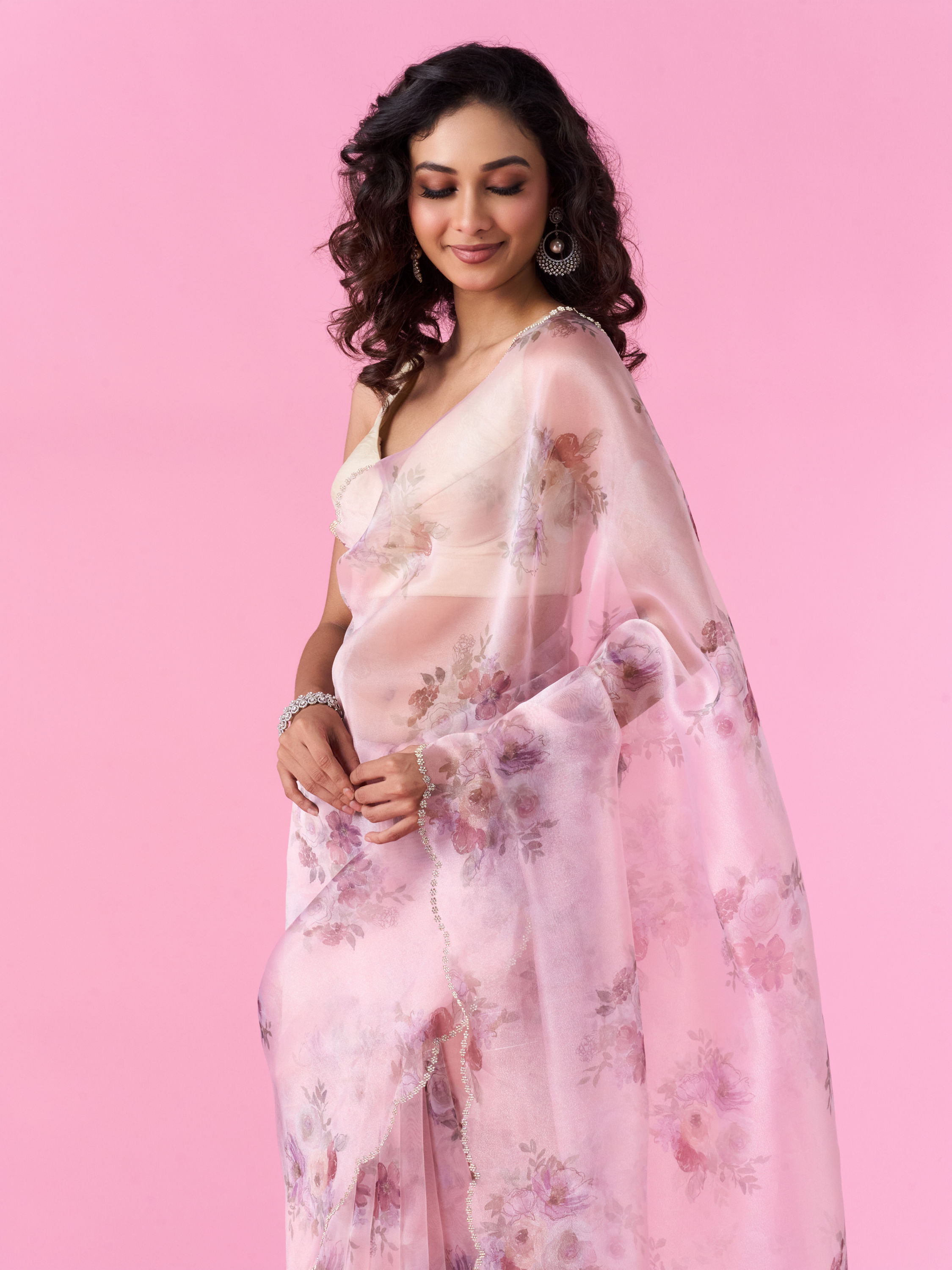 Mohey Women Organza Enchantment Light Pink Saree