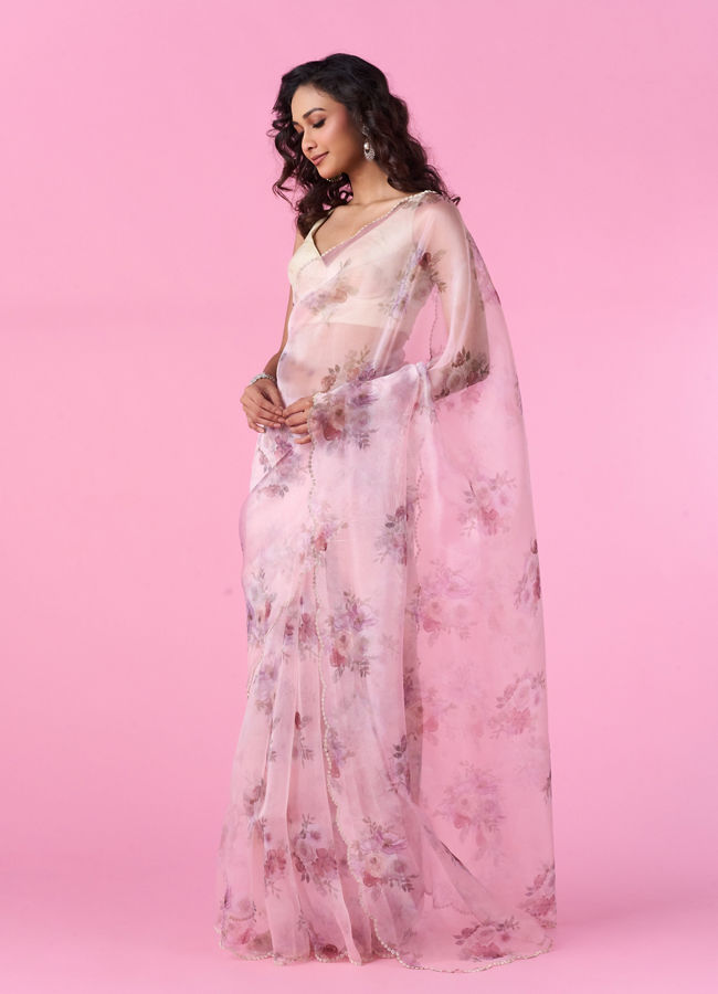Mohey Women Organza Enchantment Light Pink Saree